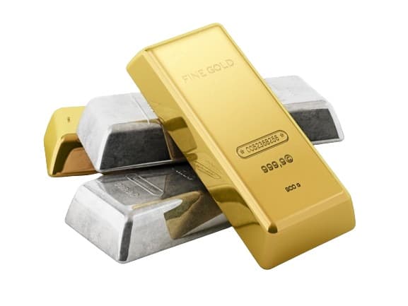 A stack of gold and silver bullion bars with purity markings.