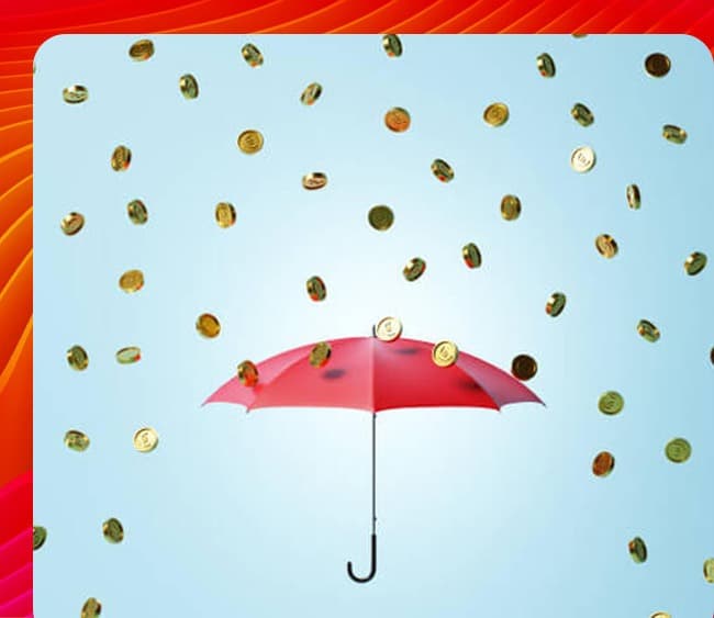 A red umbrella shielding a person from falling gold coins, symbolizing financial security.